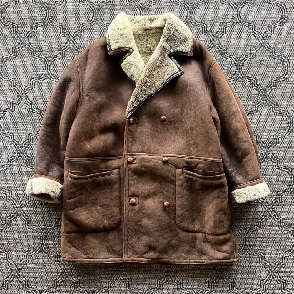Vintage‎ Shearling Coat Womens XL Brown Double Breasted Suede Sheepskin Fur